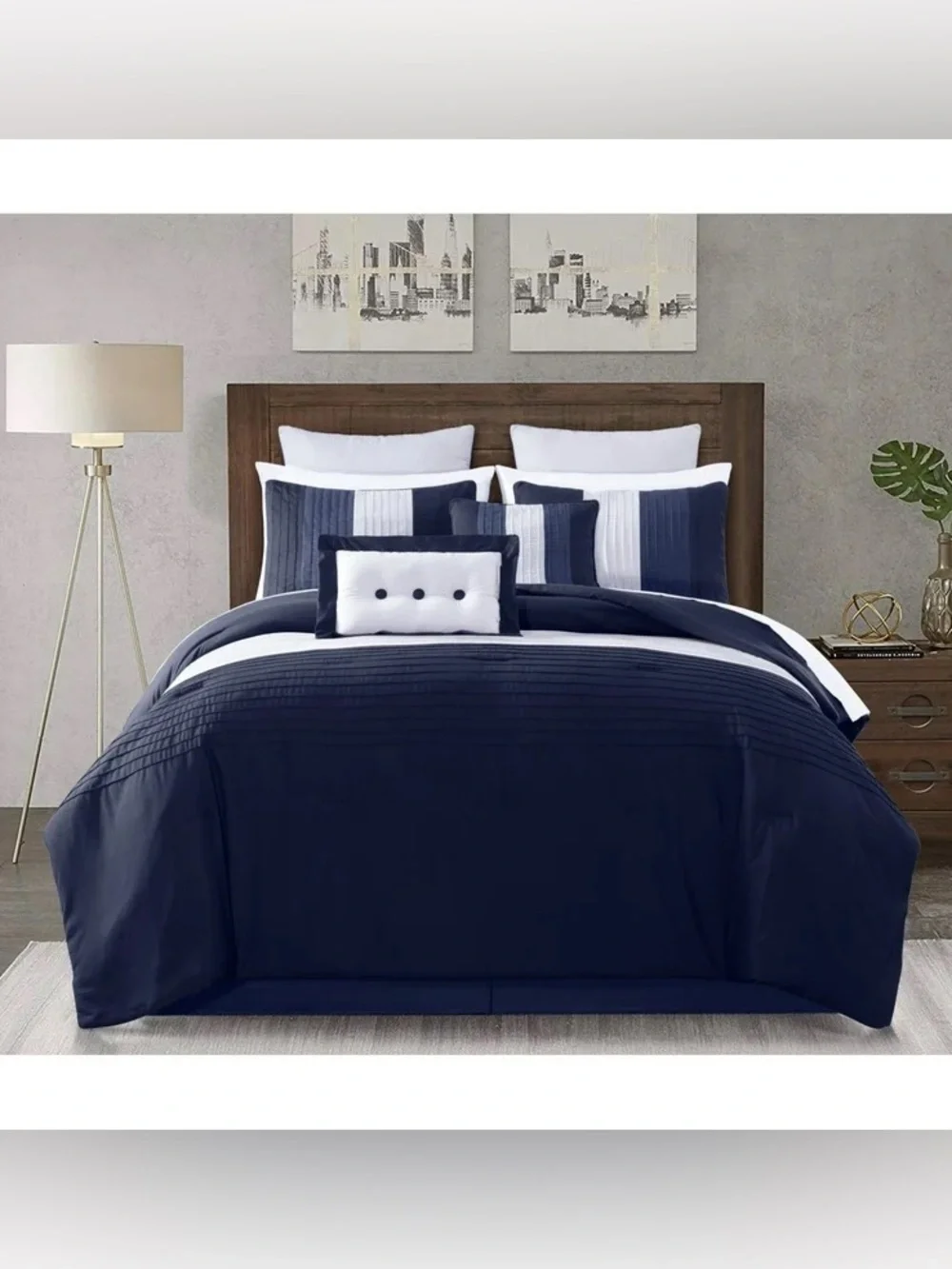 Navy and White Striped king 3 piece Comforter Set